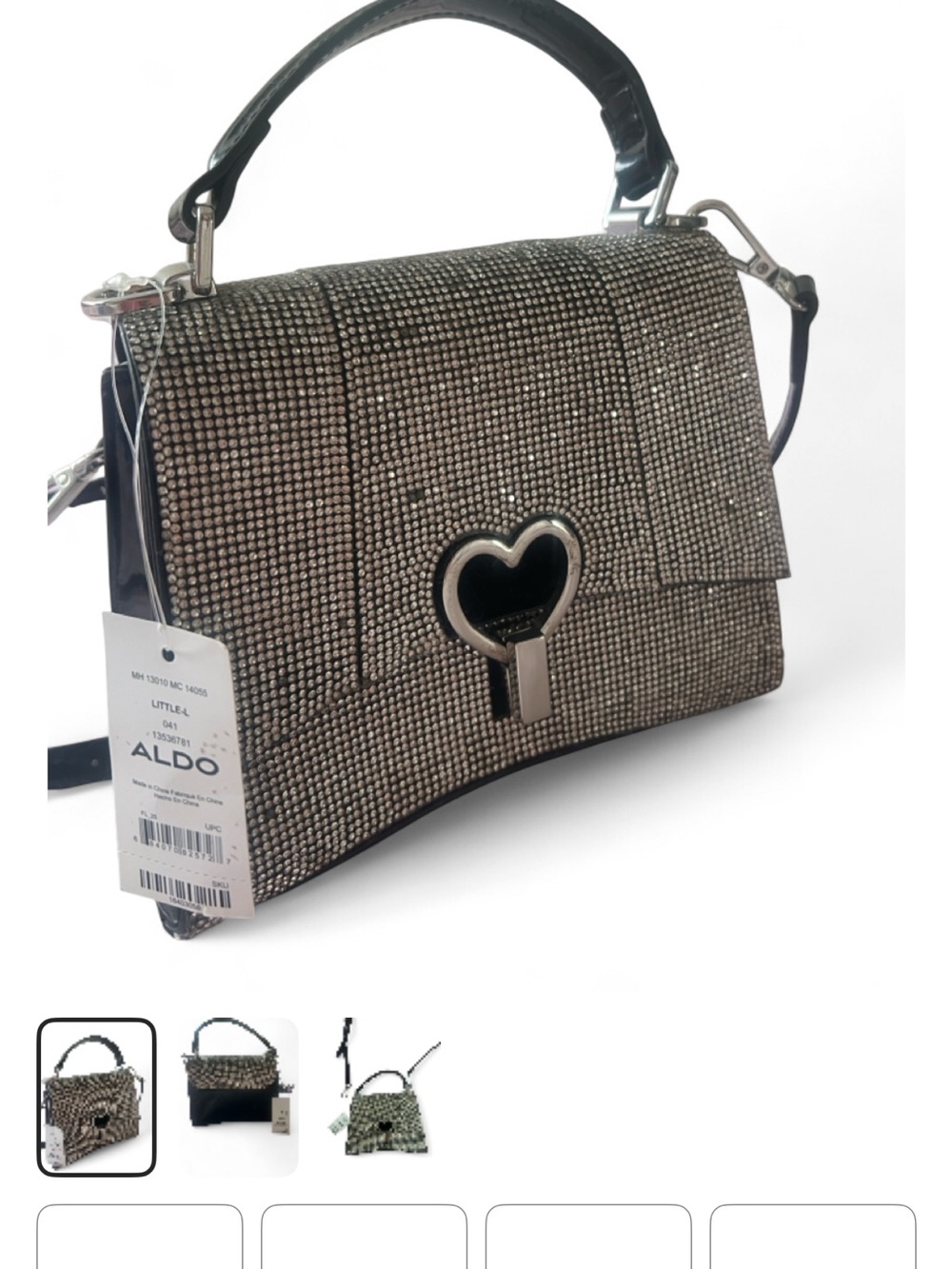 Aldo Silver Crystal Heart-Clasp Mini Top-Handle Crossbody